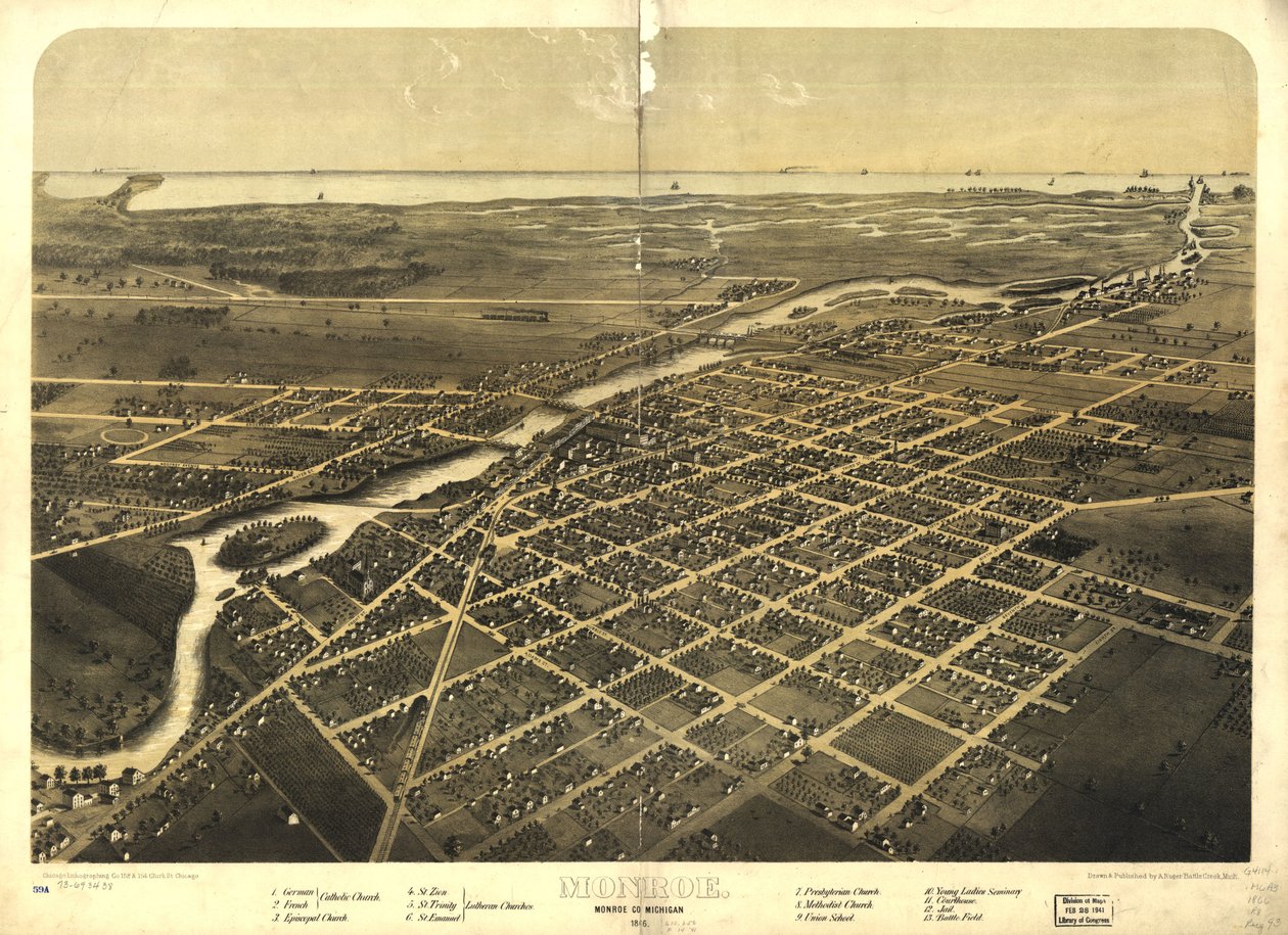 Monroe, Monroe Co, Michigan 1866. LOC 73693438 door A.; Chicago Lithographing Co. Ruger