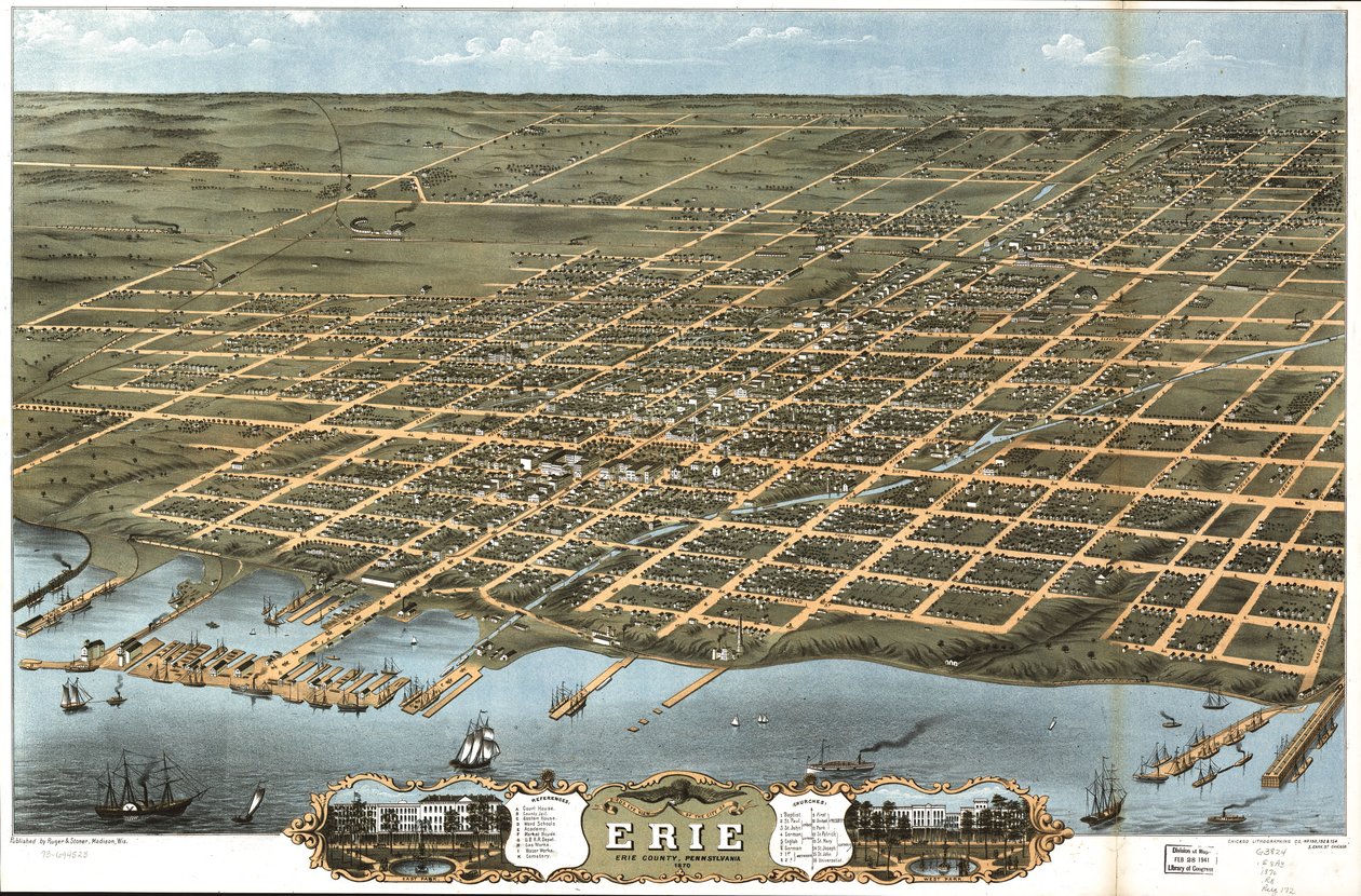 Vogelvlucht van de stad Erie, Erie County, Pennsylvania 1870 door A. Chicago Lithographing Co. Ruger and Stoner Ruger