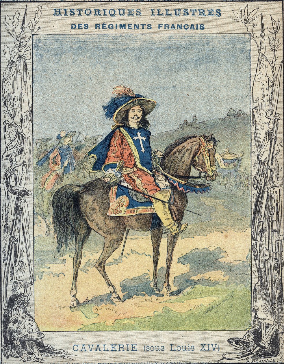 Cavalerie onder Lodewijk XIV - Van een beschermhoes voor schoolboeken, eind 19e eeuw - Cavalerie onder Lodewijk XIV - illustratie door A Demarle - Beschermhistorisch notitieboek, eind 19e eeuw door A. Demarle