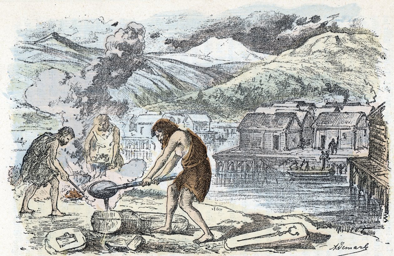 Prehistorie, bronstijd: gieterijwerkplaats nabij een paalwoning nederzetting (gravure uit 