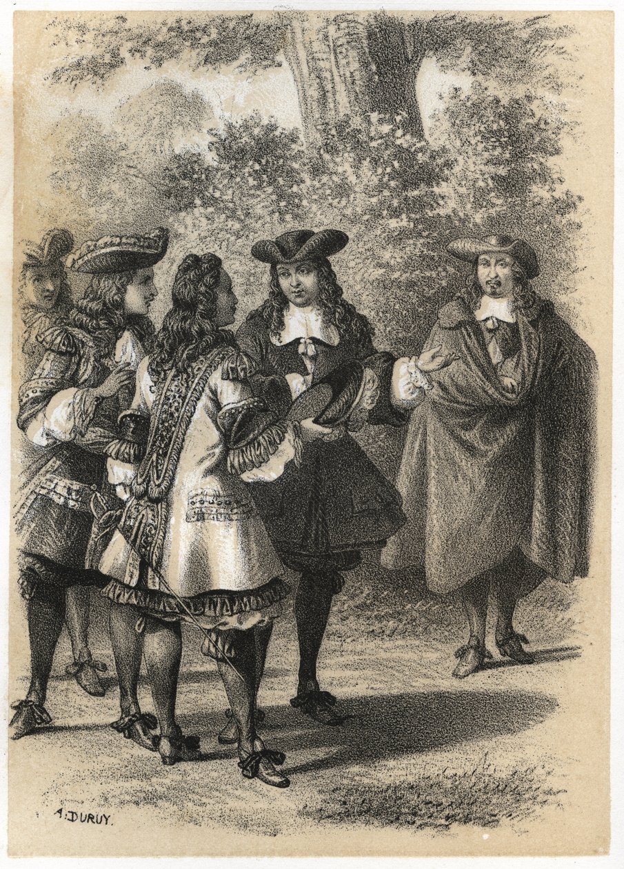 Ontmoeting in Parijs tussen Jean Racine (1639-1699) en Pierre Corneille (1606-1684). Gravure door A. Duruy in 