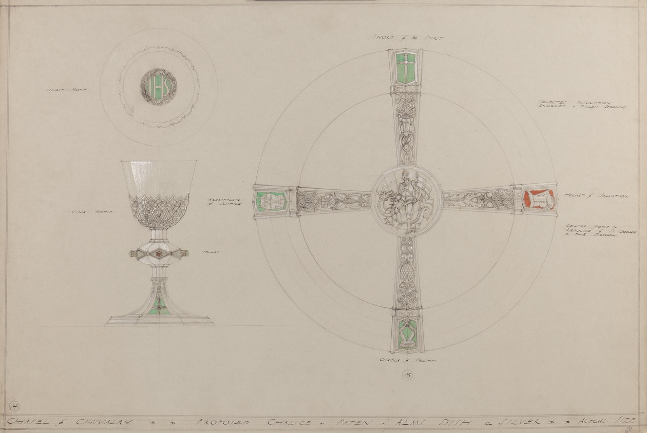 Kapel van Ridderlijkheid: voorgestelde kelk, pateen en aalmoesschotel door A. Edward Jones and Co.