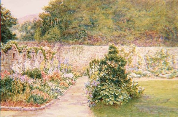 De tuin bij Undermount, Bonchurch, Isle of Wight met St. Boniface in de verte door A. Foord Hughes