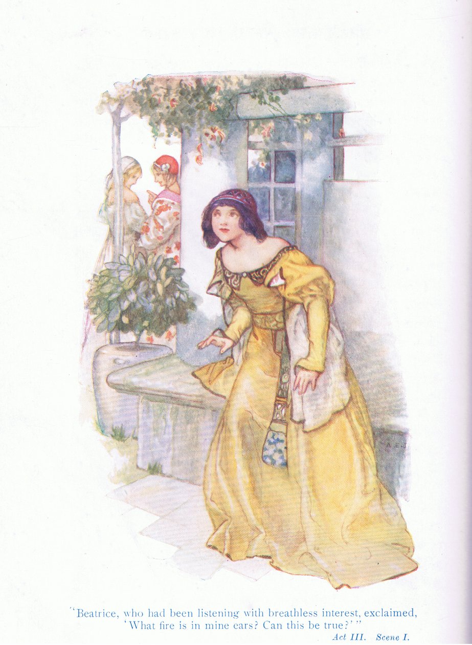 Beatrice, die met ingehouden adem had geluisterd, riep uit "Wat vuur is in mijn oren, kan dit waar zijn?" (Veel Gedoe om Niets), uit Tales from Shakespeare uitgegeven door Ward Lock & Co Ltd door A. Jackson