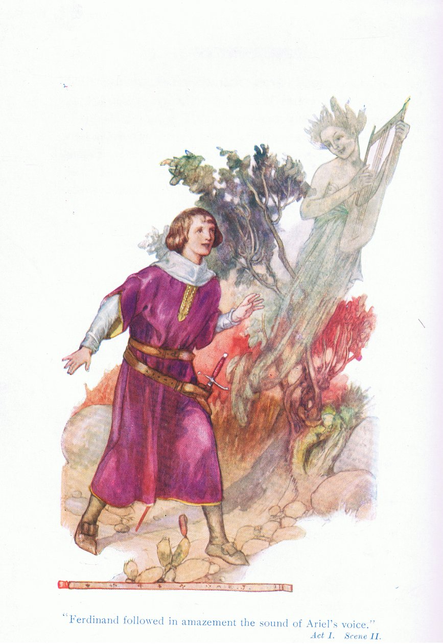 Ferdinand volgde verbaasd het geluid van Ariels stem (De Storm), uit Verhalen van Shakespeare uitgegeven door Ward Lock & Co Ltd door A. Jackson