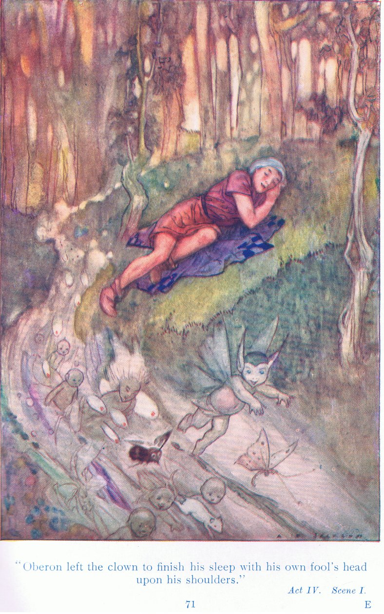 Oberon liet de clown verder slapen met zijn narrenkop op zijn schouders (Een Midzomernachtsdroom), uit Verhalen van Shakespeare uitgegeven door Ward Lock & Co Ltd door A. Jackson