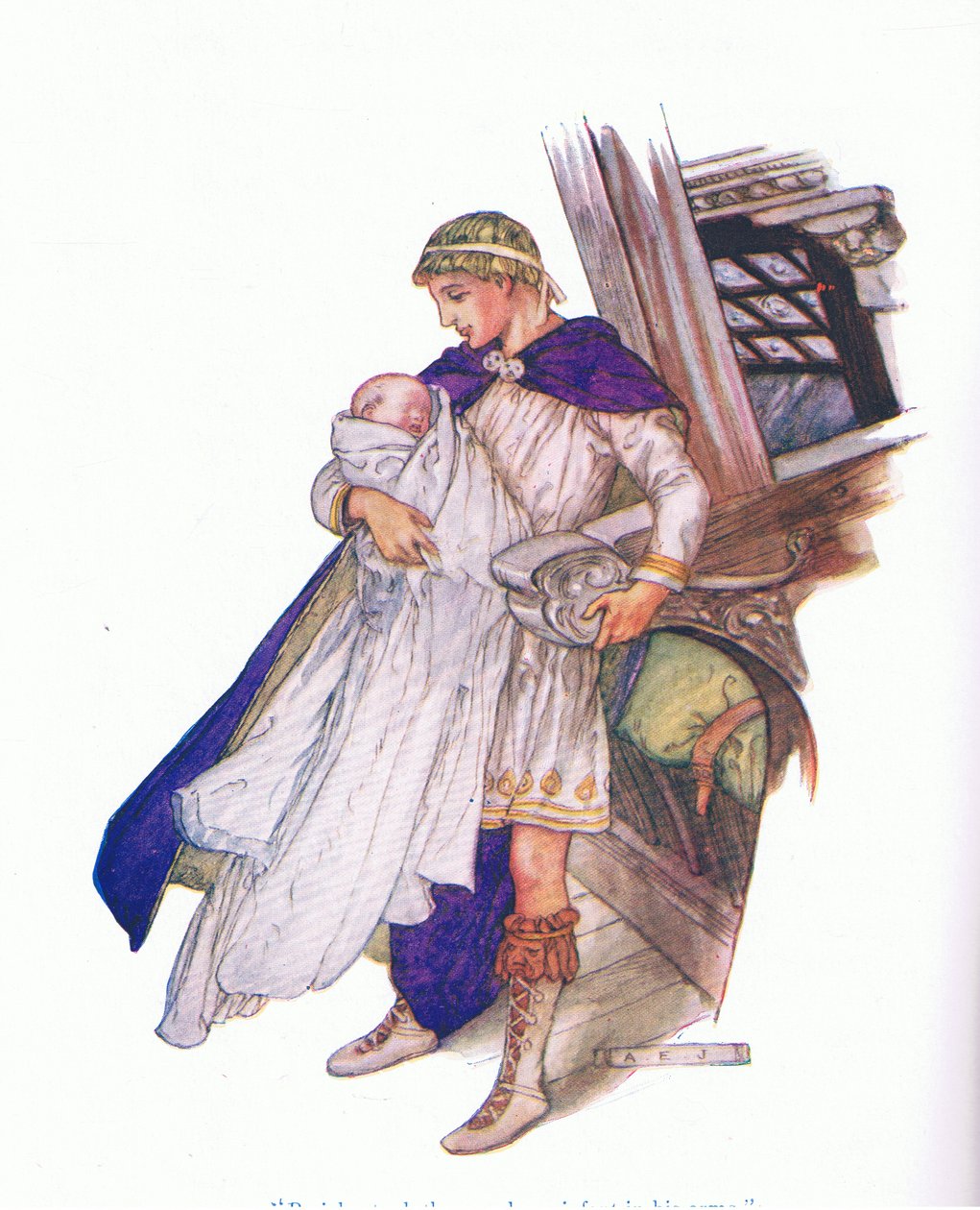 Pericles nam de pasgeboren baby in zijn armen (Pericles, Prins van Tyrus), uit Verhalen van Shakespeare uitgegeven door Ward Lock & Co Ltd door A. Jackson