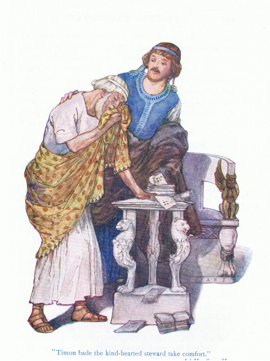 Timon beval de goedhartige rentmeester moed te houden (Timon van Athene), uit Verhalen van Shakespeare uitgegeven door Ward Lock & Co Ltd door A. Jackson