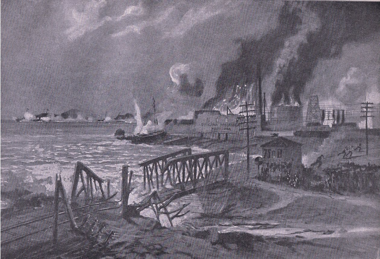 Vernietiging van een scheepswerf in Bari (Italië) door Oostenrijks-Hongaarse torpedobootjagers, uit De Geïllustreerde Geschiedenis van de Wereldoorlog 1914-1915 uitgegeven door Union Berlagsefellfchaft door A. Kircher
