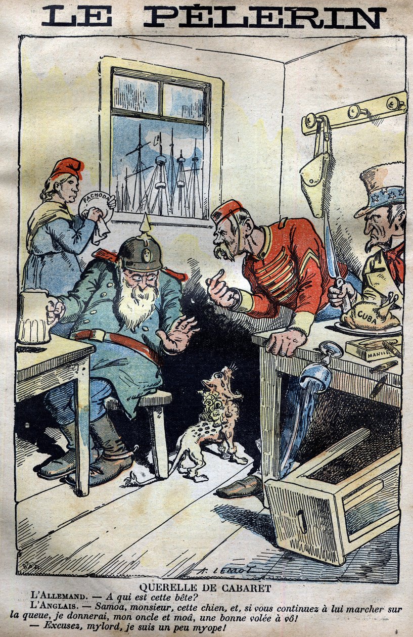 Cabaret Querelle: Cartoon over de koloniale oorlogen tussen Engeland, Duitsland, Frankrijk en de Verenigde Staten rond de situatie in Fachoda in Afrika. Gravure door Lemot in 