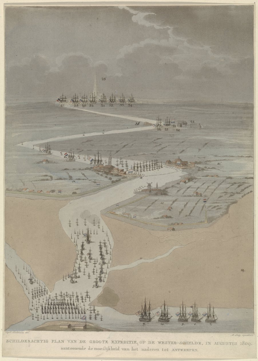 Gezicht in vogelvlucht op de Westerschelde met Engelse, Hollandse en Franse vloten, 1809 door A. Lutz