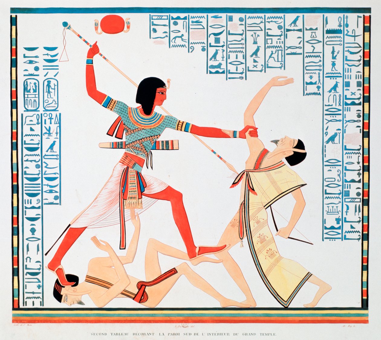 Tweede scène op de zuidelijke muur van het interieur van de Grote Tempel in Abu Simbel, 1888 door A Racinet