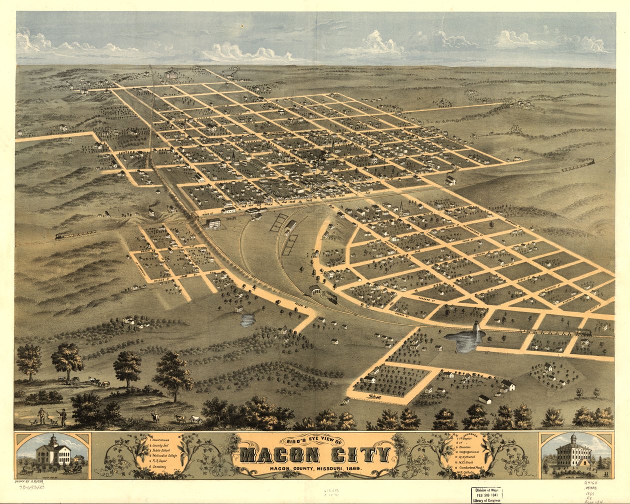 Vogelvlucht van Macon City, Macon County, Missouri 1869. LOC 73693483 door A. Ruger