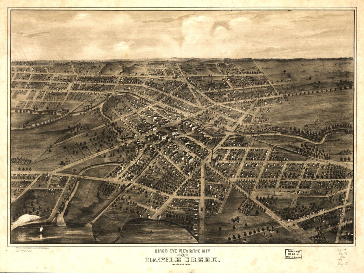 Gezicht in vogelvlucht op de stad Battle Creek, Calhoun Co, Mich. LOC 73693422 door A. Ruger