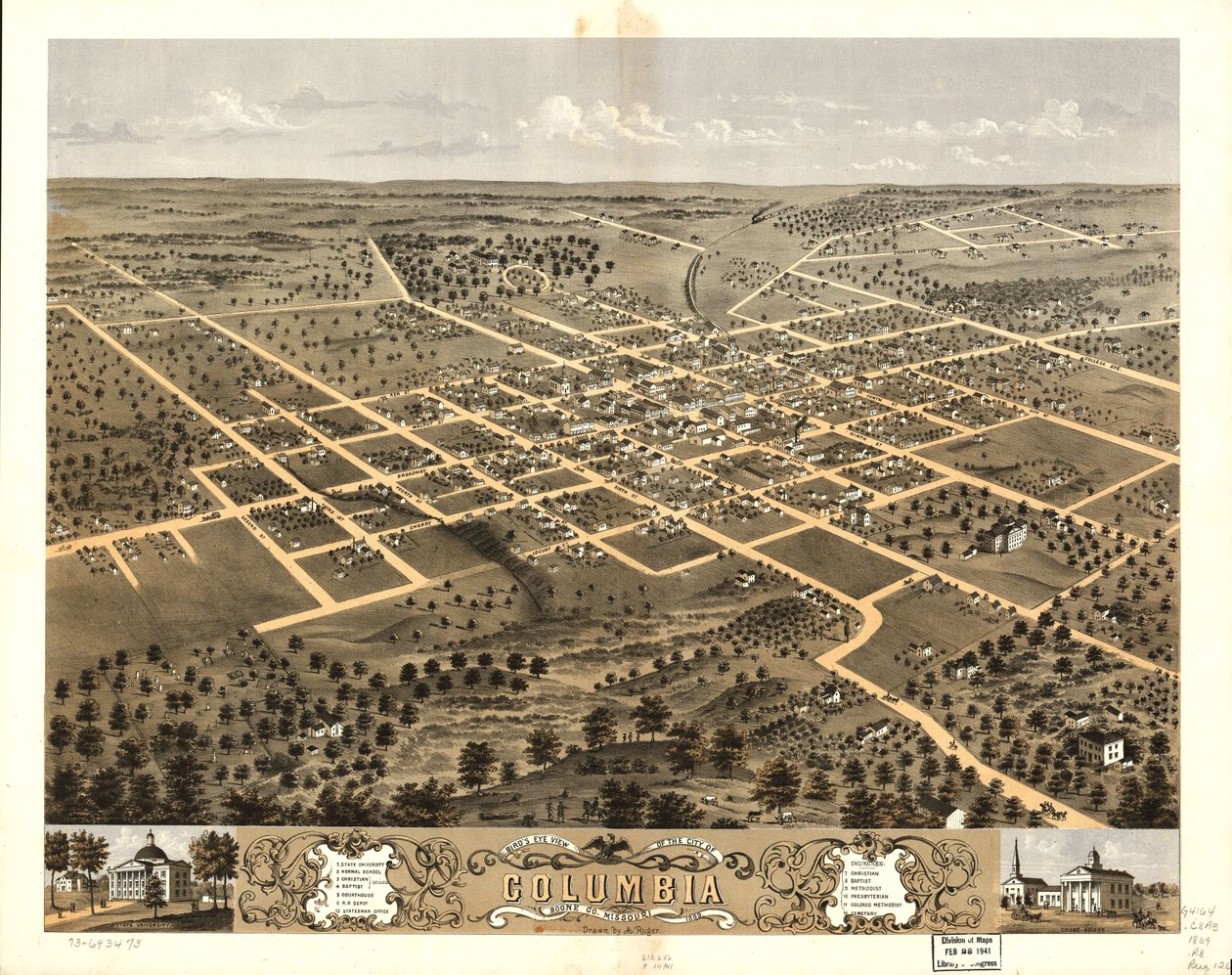 Gezicht in vogelvlucht op de stad Columbia, Boone Co, Missouri 1869. LOC 73693473 door A. Ruger
