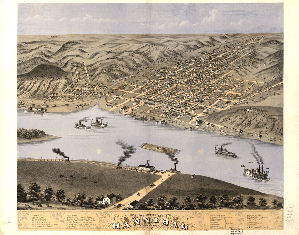 Gezicht in vogelvlucht op de stad Hannibal, Marion Co, Missouri 1869. LOC 73693475 door A. Ruger