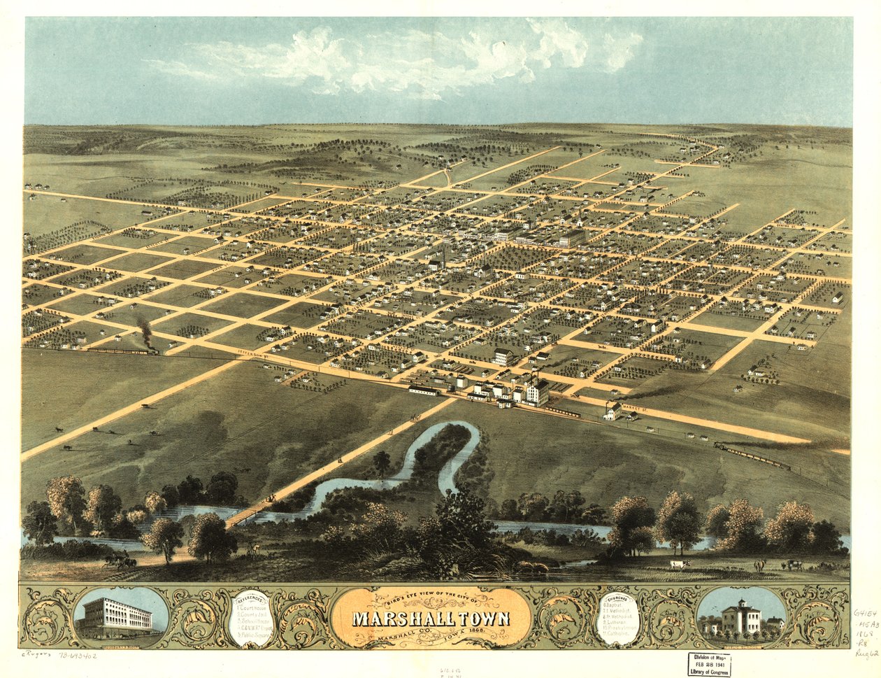 Vogelvlucht van de stad Marshalltown, Marshall Co, Iowa 1868. LOC 73693402 door A. Ruger