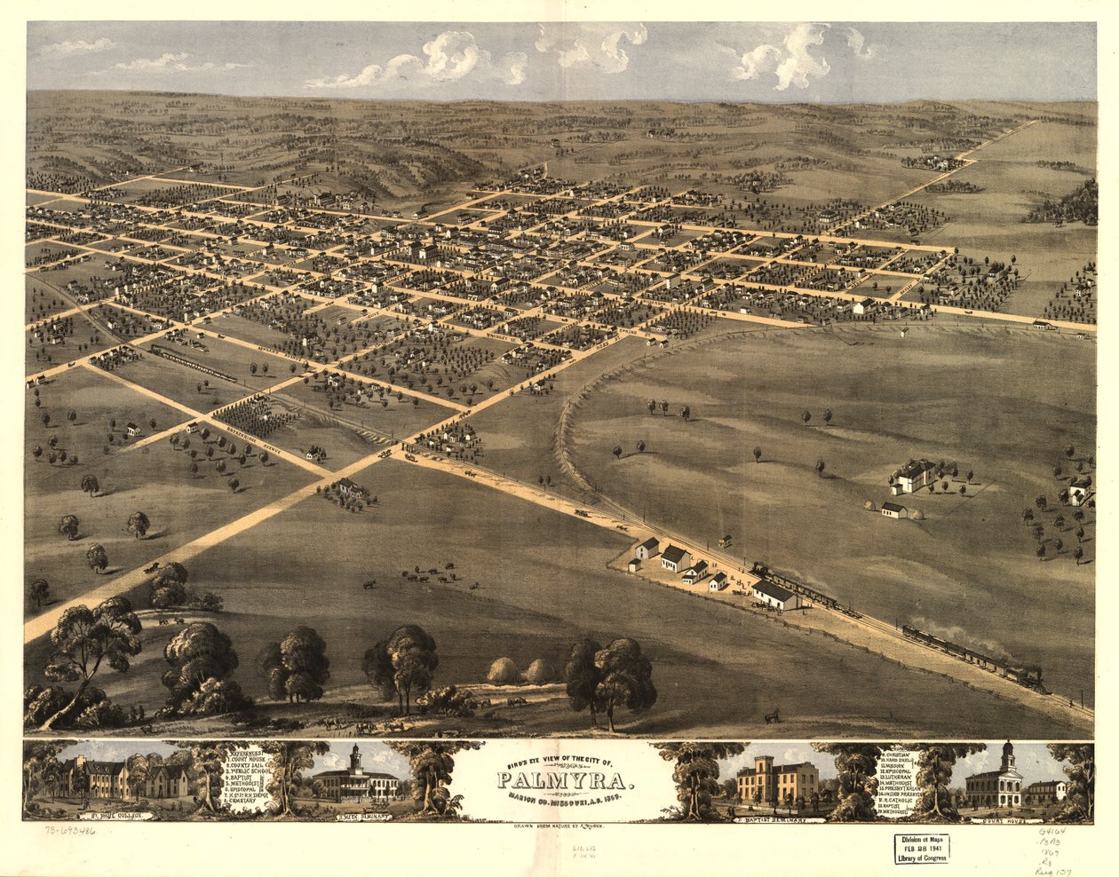 Gezicht in vogelvlucht op de stad Palmyra, Marion Co, Missouri, 1869. LOC 73693486 door A. Ruger