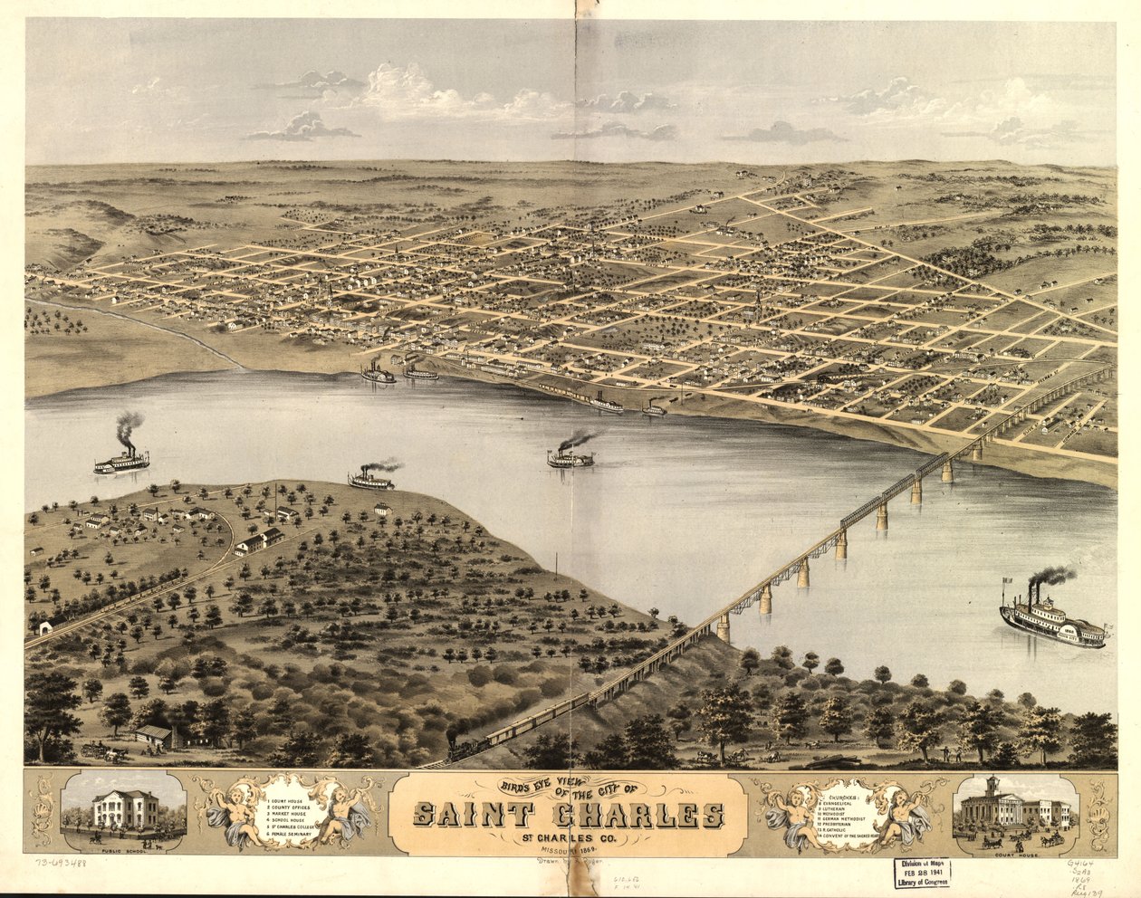 Gezicht in vogelvlucht op de stad Sint Charles, St. Charles Co., Missouri 1869. LOC 73693488 door A. Ruger