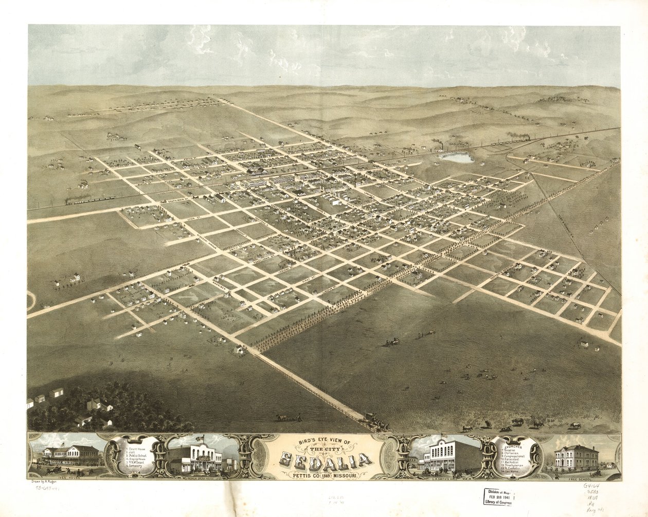 Gezicht in vogelvlucht op de stad Sedalia, Pettis Co, Missouri 1869. LOC 73693491 door A. Ruger