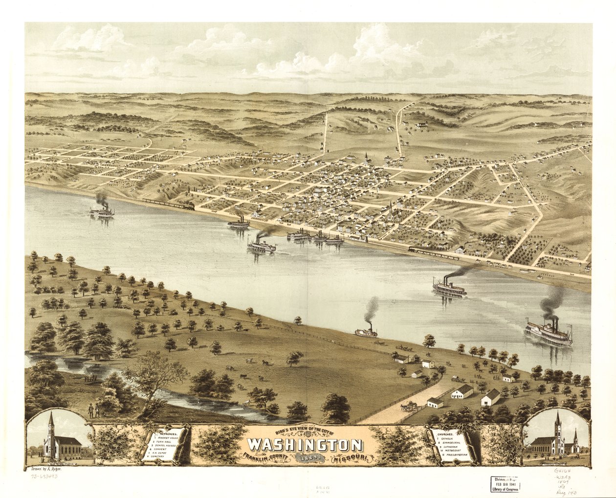 Gezicht in vogelvlucht op de stad Washington, Franklin County, Missouri 1869. LOC 73693493 door A. Ruger