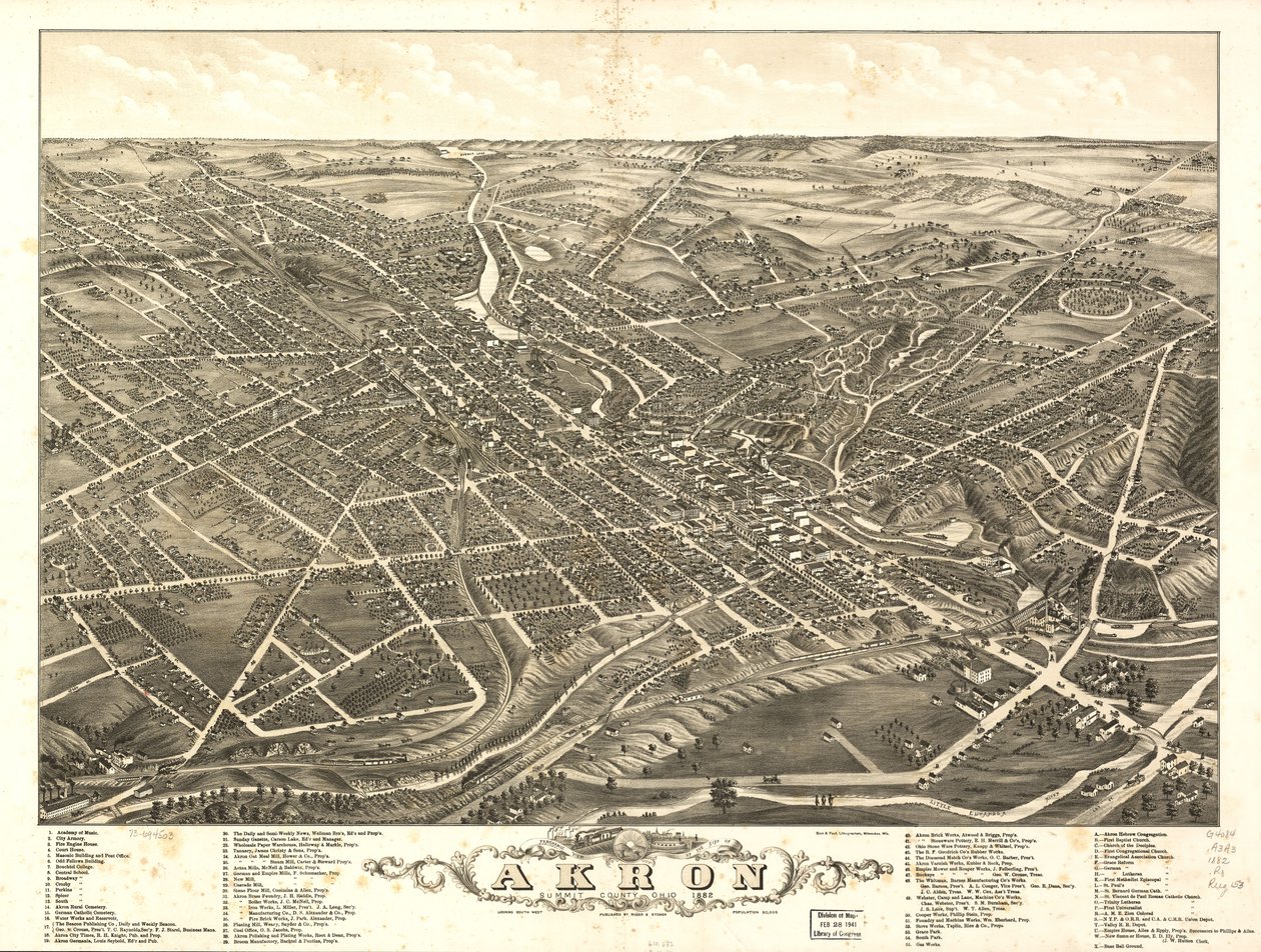 Panoramisch uitzicht op de stad Akron, Summit County, Ohio 1882 door A. Ruger Ruger
