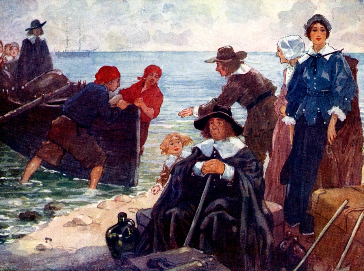 Een groep ballingen meert hun bark aan op de wilde kust van New England, 1620, 1905 door A. S. Forrest