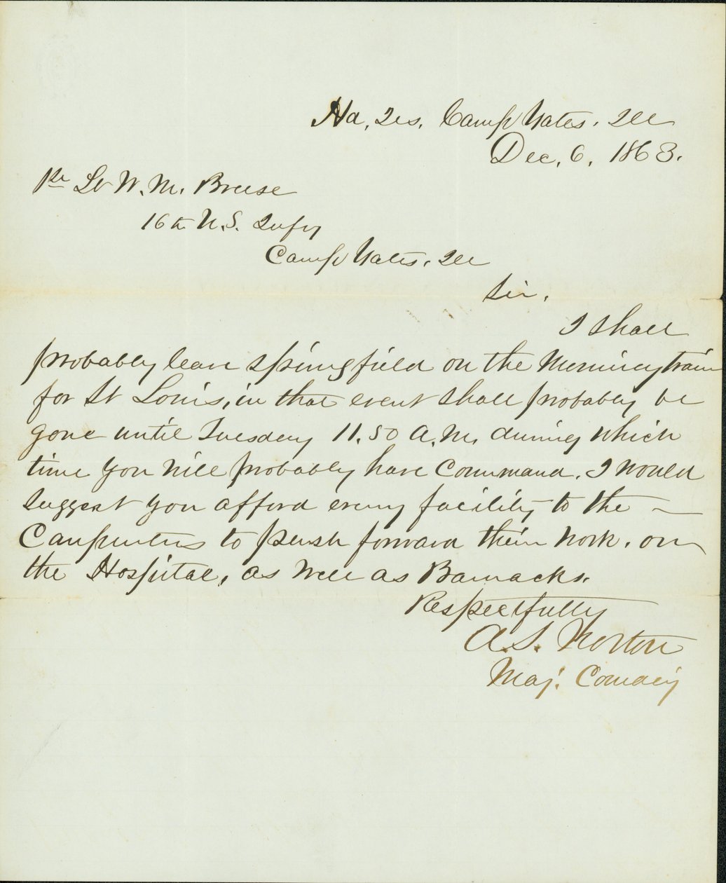 Brief ondertekend A.S. Norton, Major Commanding, Hoofdkwartier, Camp Yates, Ill., aan 1e Luitenant W.M. Breese, 16e U.S. Infanterie, Camp Gates, Ill., 6 december 1863 door A. S. Norton