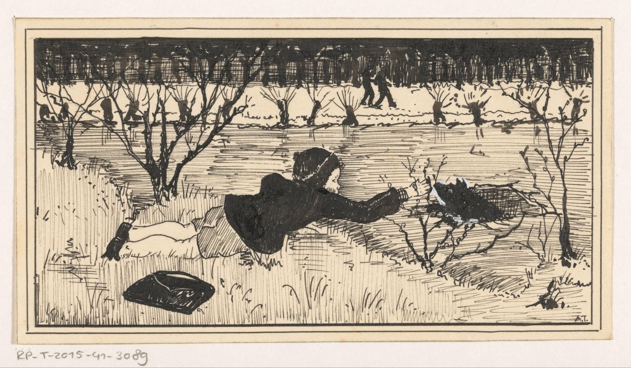 Meisje probeert hond te redden uit wak door A. Tinbergen (signed by artist)