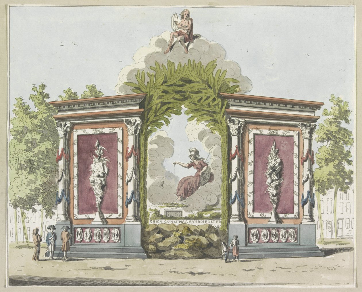 Kunsten en Wetenschappen, decoratie op de Noordermarkt, 1795 door A. Verkerk