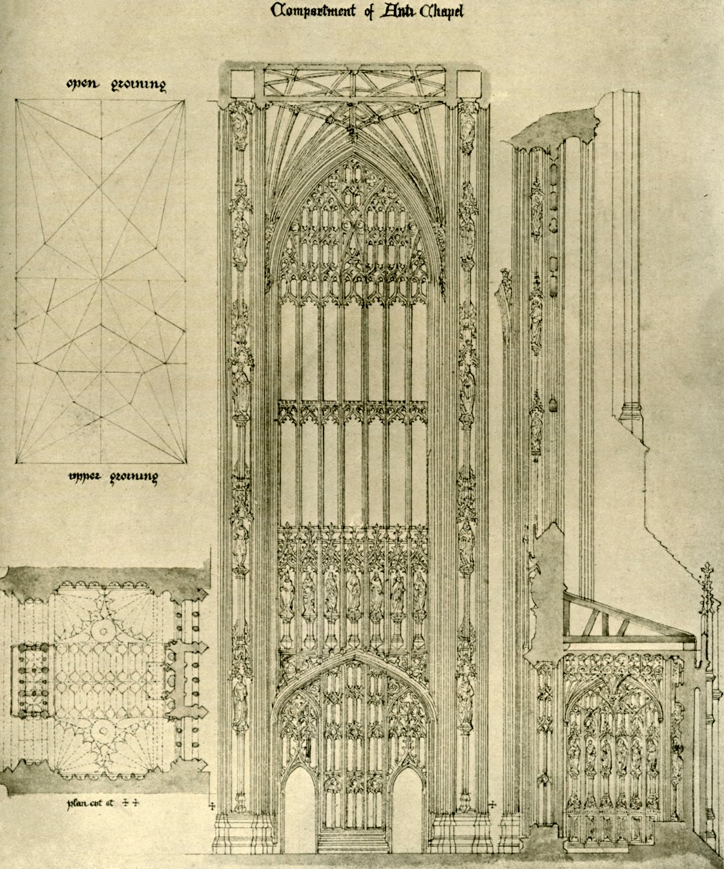 Architecturale tekening: compartiment van Anti Chapel, 1833-1834, 1906 door A. W. N. Pugin