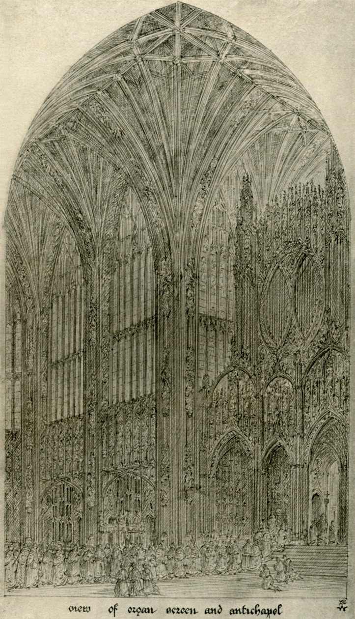 Architecturale tekening: uitzicht op orgelscherm en antikapel, 1833-1834, 1906 door A. W. N. Pugin