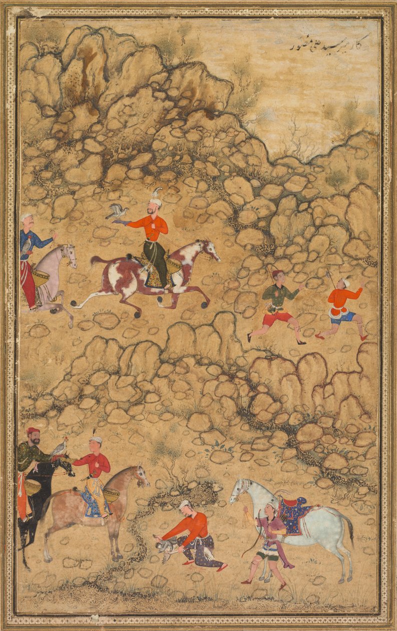 Jagen met valken in een landschap, Verso: Kalligrafie van Chaghatai Turkse gedichten..., ca. 1558-60 door Abd al-Samad