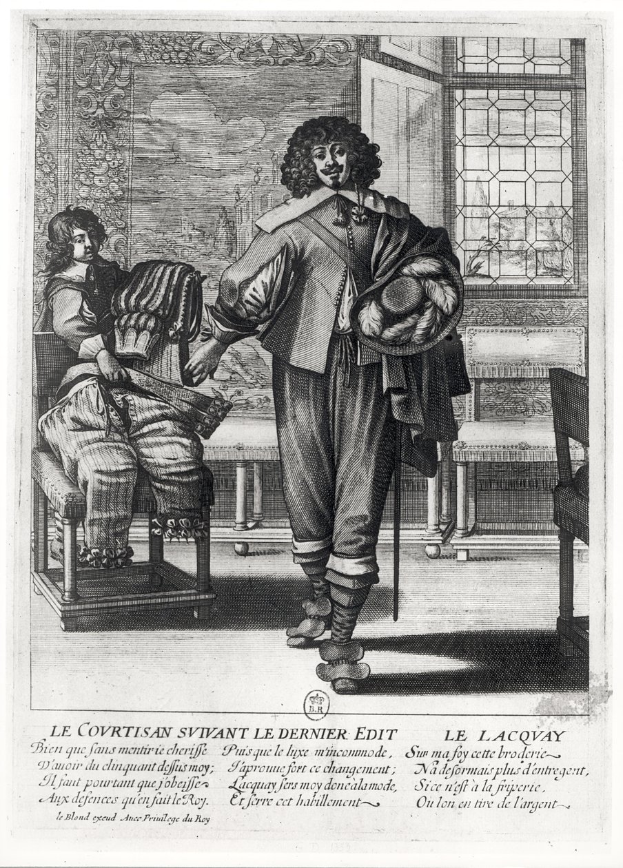 Hoveling die het laatste koninklijke edict van 1633 volgt en zijn lakei door Abraham Bosse