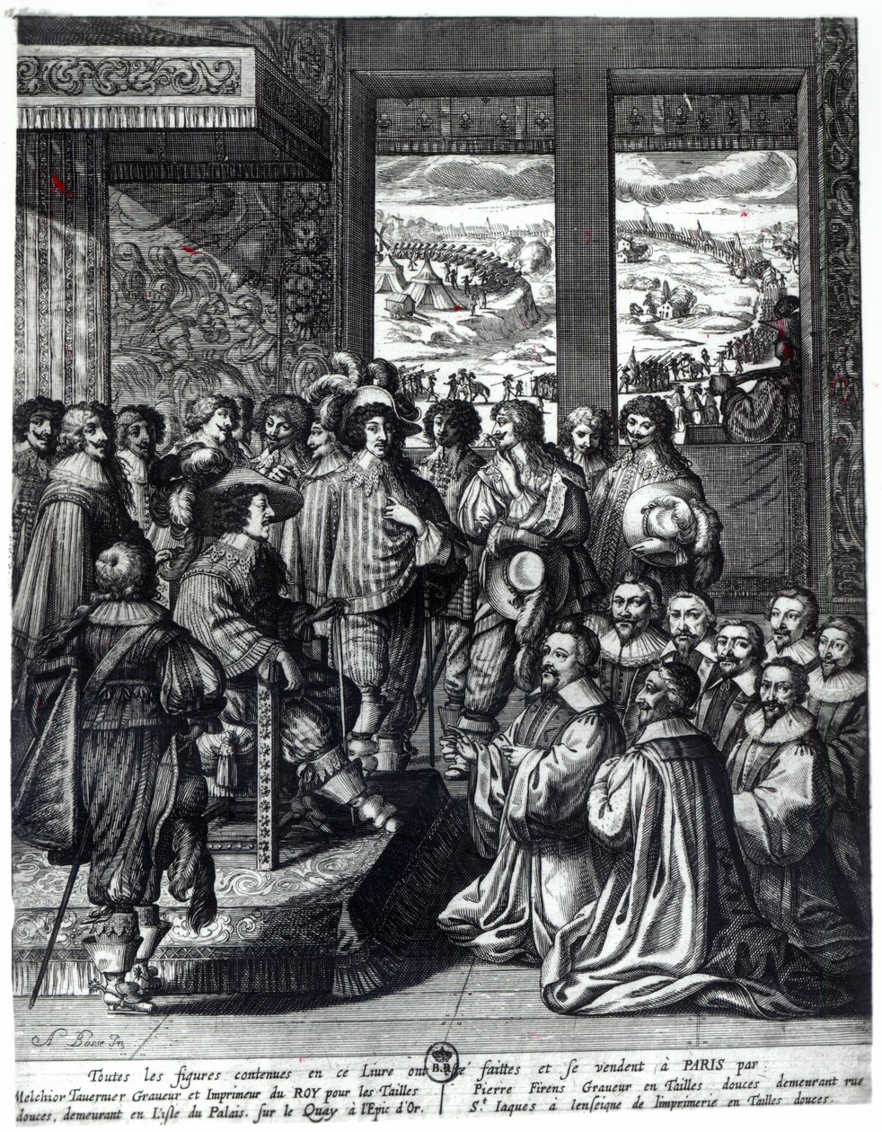 Lodewijk XIII (1601-43) terug van het beleg van La Rochelle, gefeliciteerd door de Prevot des Marchands door Abraham Bosse