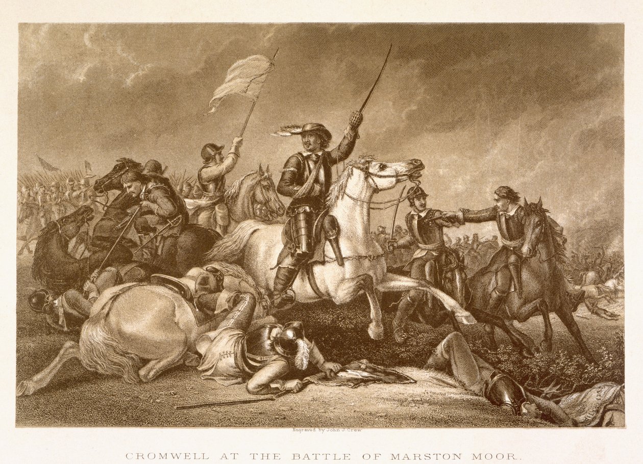 Cromwell leidt de aanval na gewond te zijn geraakt in zijn rechterarm bij de Slag bij Marston Moor, 2 juli 1644, gegraveerd door John Crew door Abraham Cooper