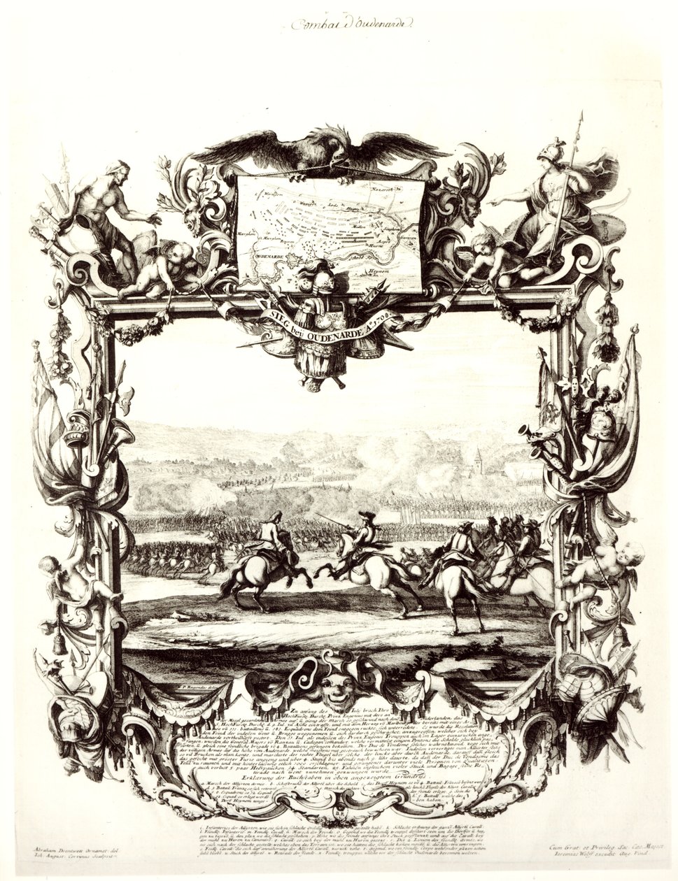 De Slag bij Oudenaarde, 11 juli 1708, gegraveerd door Jeremias Wolff en Johann August Corvinus door Abraham Drentwett