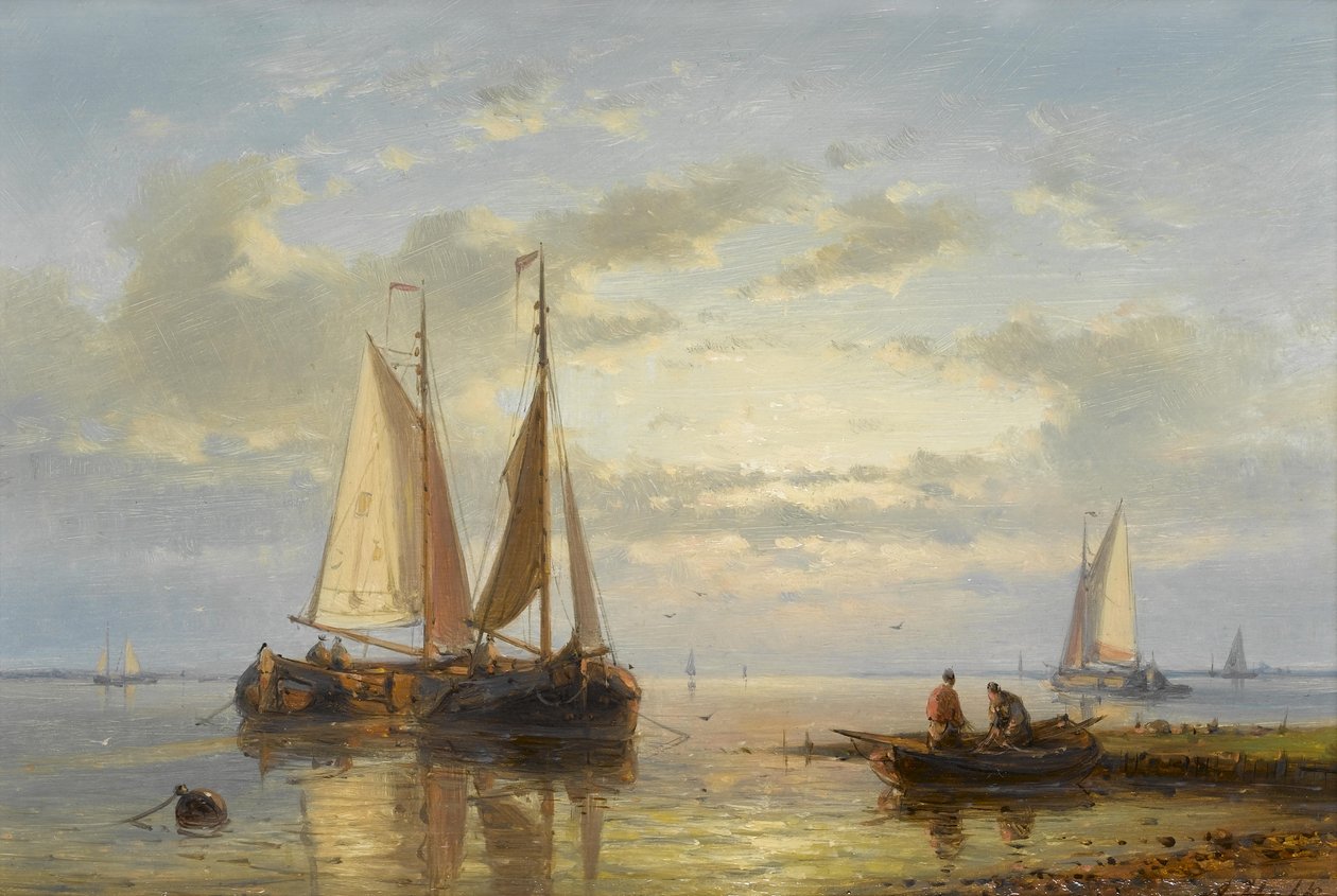 Vissersboten voor anker in de ondiepten bij schemering door Abraham Hulk
