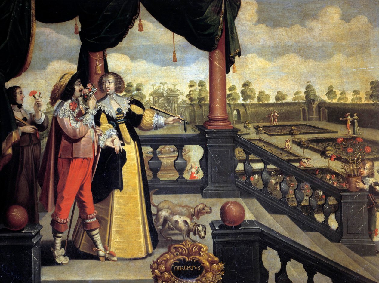 De vijf zintuigen: geur Een paar edelen voor een tuin, de man ruikt aan een boeket bloemen. Schilderij door Abraham Bosse (1602-1674) 17e eeuw. Tours, Museum voor Schone Kunsten door Abraham (after) Bosse