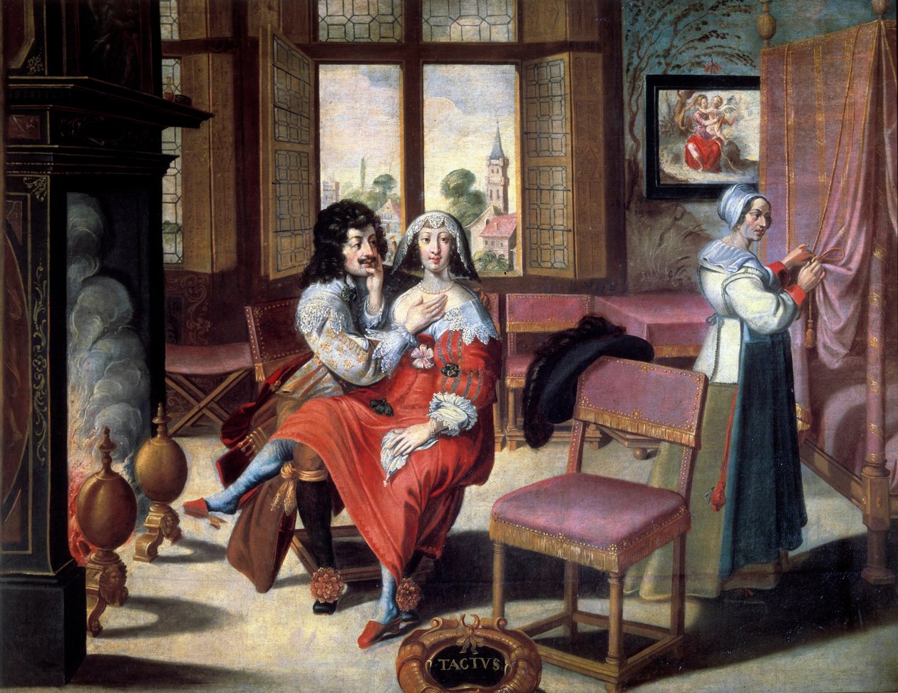 De vijf zintuigen: aanraking Een paar dat elkaar streelt. Schilderij door Abraham Bosse (1602-1674) 17e eeuw. Tours, Museum voor Schone Kunsten door Abraham (after) Bosse