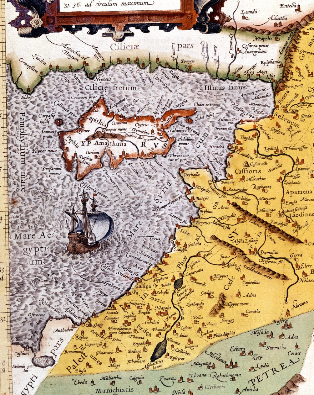 Historische geografische kaart van Palestina volgens de Atlas van Abraham Ortelius, Amsterdam door Abraham (after) Ortelius