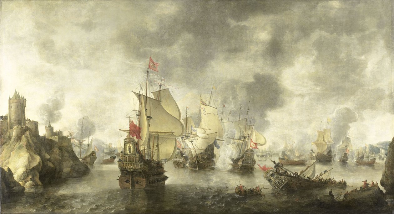 Slag van de gecombineerde Venetiaanse en Nederlandse vloten tegen de Turken in de baai van Foya, 1649 door Abraham Beerstraten