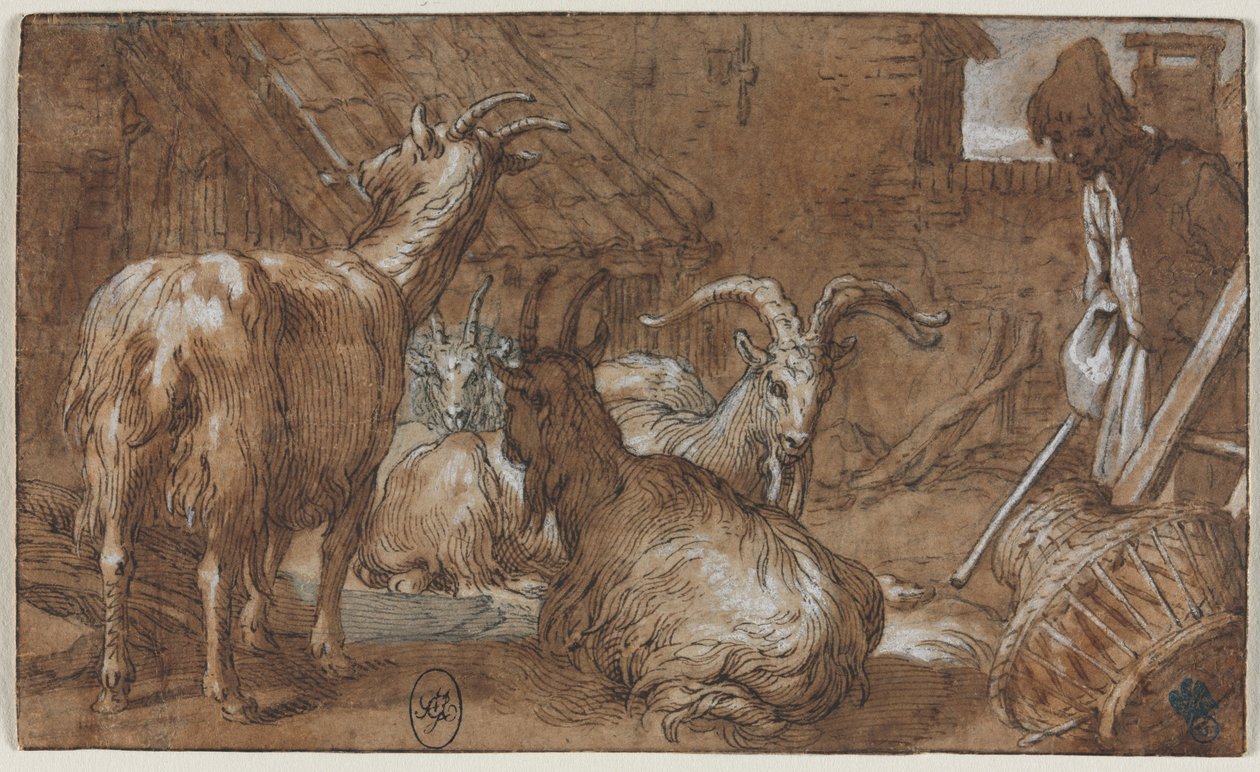 Een boerenerf met geiten en een geitenhoeder, c. 1610-1615 door Abraham Bloemaert