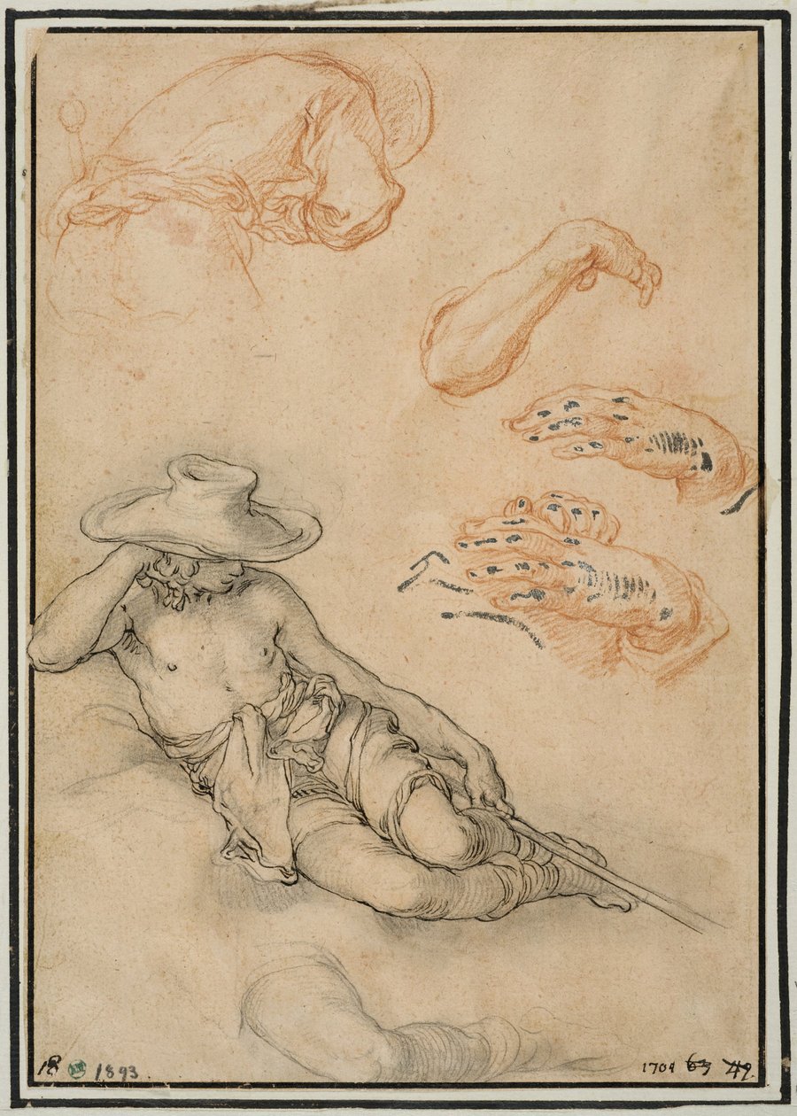 Een rustende herder, afzonderlijke studies van zijn been en arm, een man van achteren gezien en twee handen door Abraham Bloemaert