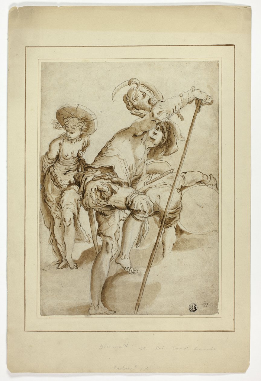 Een staande soldaat, een staande vrouw en een bukkende trommelaar door Abraham Bloemaert
