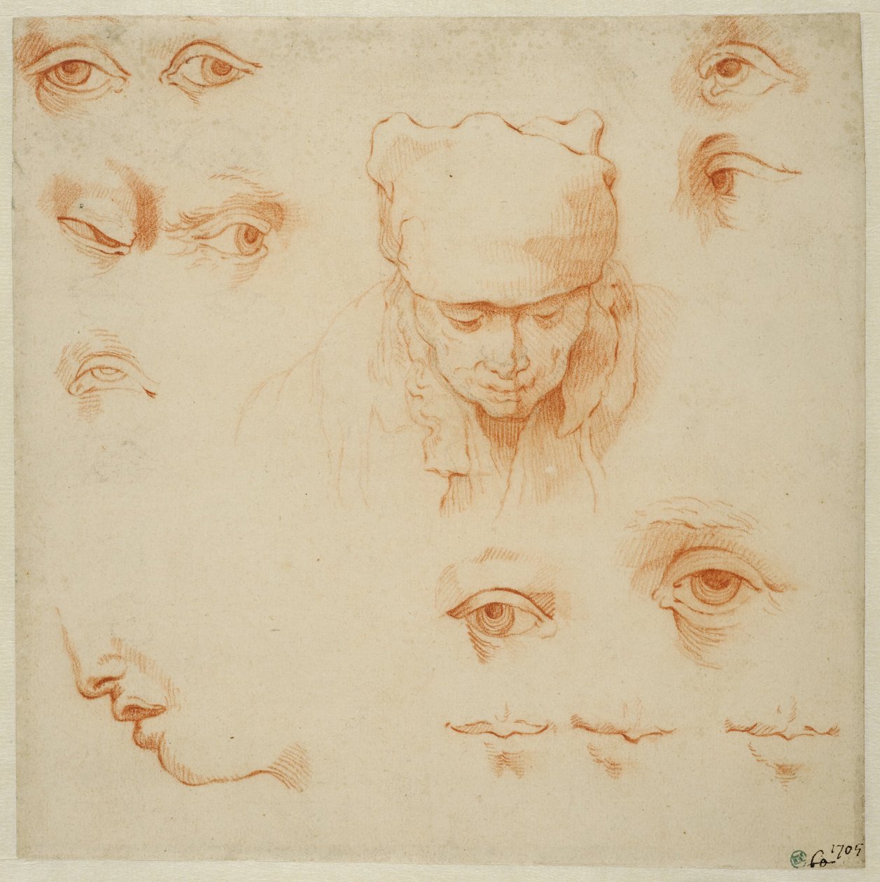 Hoofd van een oude vrouw en studies van ogen en monden door Abraham Bloemaert