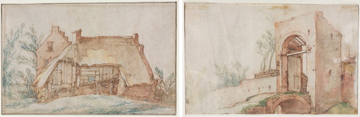 Boerenhuisje (recto); Brug en Poort (verso) door Abraham Bloemaert