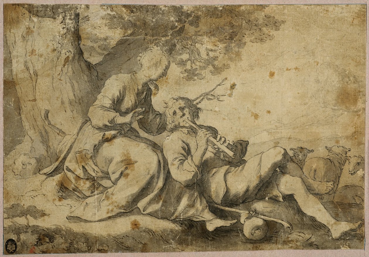 Herder en herderin rustend onder een oude boom door Abraham Bloemaert