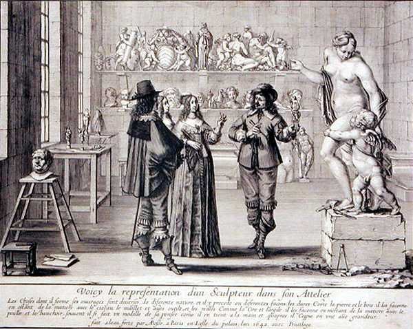 Een beeldhouwer in zijn atelier (gravure) door Abraham Bosse
