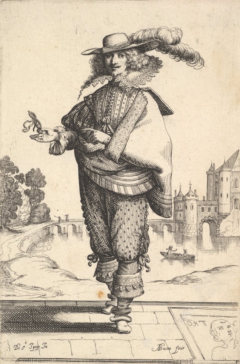 Een heer die voor een groot kasteel staat en een gevederde hoed en een kanten kraag draagt..., 1629 door Abraham Bosse